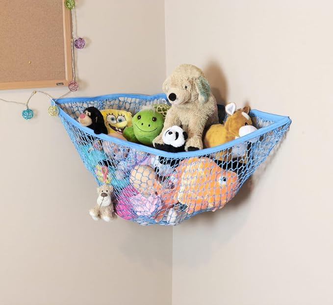 Baby Buddy Stuffed Animal Hammock Storage Net - Corner Space-Saving Toy Organizer for Nursery and Kids Bedroom Organization, Holds 25 Pounds, Easy Wall Mount, Blue