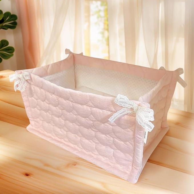 Cute Storage Basket Fabric Toy Organizer-Bow Preppy Desktop Storage Box Quilted Folding Storage for Gifts Home Decoration