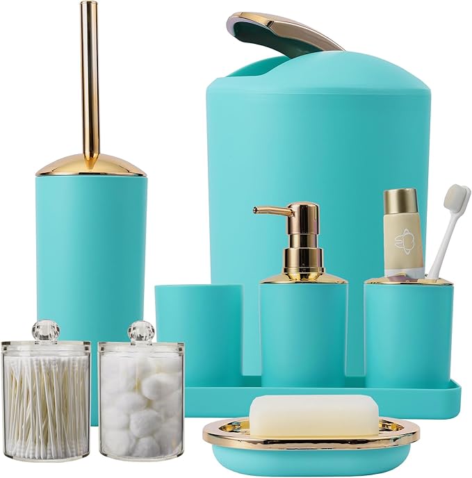 9 Pieces Teal Bathroom Accessories Set Gorgeous Gold Bathroom Set, Trash Can, Toilet Brush, Soap Dispenser, Toothbrush Holder, Soap Dish, Tumber, Qtip Holder, Tray, Sink Countertop Set