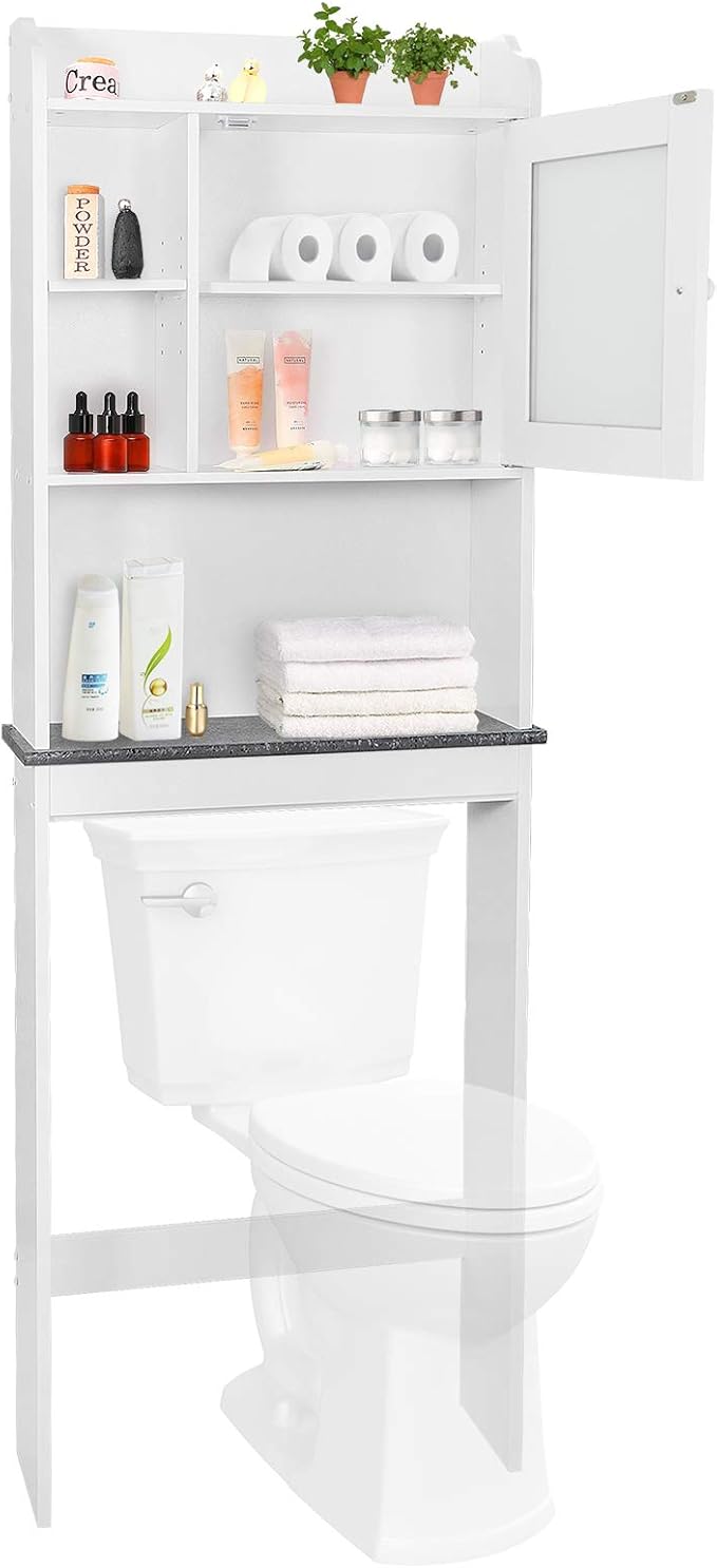 ZenStyle Over The Toilet Cabinet Double Door Wood Bathroom Storage Organizer with Adjustable Shelves, Cubby and Tempered Glass Door (White)