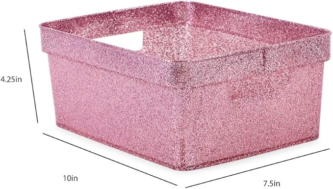 Isaac Jacobs Small Glitter Storage Bin (10” x 7.5” x 4.25”) Set w/Cut-Out Handles, Plastic Organizer, Multi-Functional, Home Storage Solution, Kids Playroom, Bedroom, Closet (4, Pink)