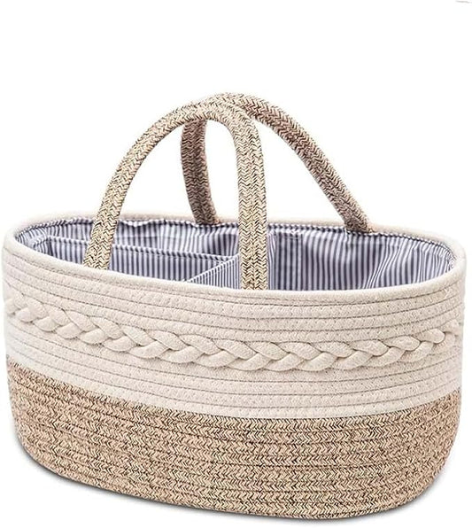 Large Cotton Rope Diaper Caddy Boho Diaper Storage Portable Car Organizer with Removable Divider Unisex Woven Nursery Storage Bins With Handles