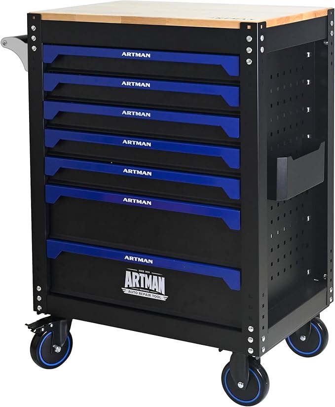 30 Inch Rolling Tool Chest with 7 Drawers, Steel Tool Cabinet with Wood Countertop, Lockable 360° Swivel Casters, Stand Up Toolbox, Portable Garage Tool Box for Home, Workshop (Black+Blue)