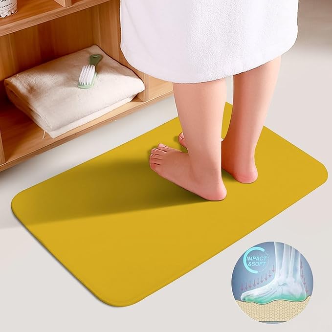 3 Pieces Bath Rug Sets, Solid Mustard Yellow Bathroom Mat Set Non Slip U Shaped Contour Rug & Toilet Lid Cover
