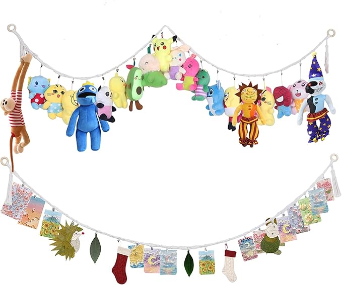 2PCS Stuffed Animals Storage Chain Organizers 80" Cotton Hanging Storage Chain with 40 Metal Clips Stuffed Animal Display Holder Chain for Wall or Corner Nursery Play Room