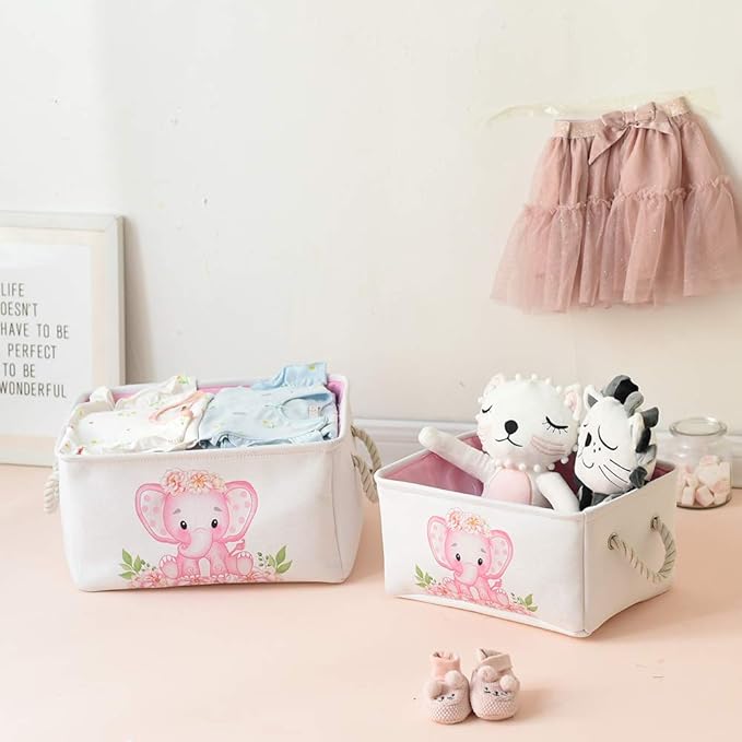 INough Large Nursery Elephant Baby Basket for Shower Gift - Pink Girl Gift Bag, Collapsible and Empty - Decor for Kidsroom, Nursery, Play Room (Large)