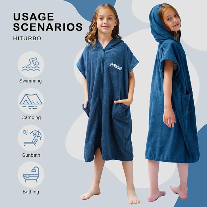 Hiturbo Kids Bath Towel Hoodie: Absorbent Quick Dry Zipper Surf Poncho - Changing Towels Swimming Outerwear (Navy Blue)