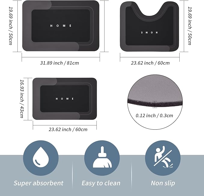 3PCS Absorbent Bath Mat Magic Rug Sets, Quick Drying Bath Mat Non-Slip Floor Rug Rubber Backed for Bathroom Kitchen Shower Sink (16.9''x23.6''+19.7''x23.6''+19.7''x31.9'', Black)