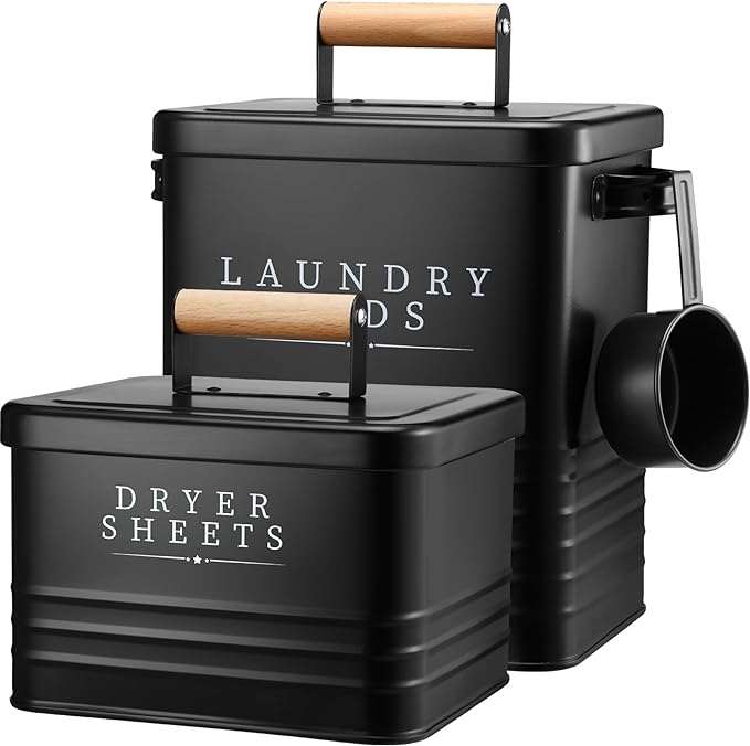 2 Pcs Laundry Pod Container with Dryer Sheet Holder Farmhouse Laundry Room Decor Organization and Storage Detergent Container Box with Lid Handle Metal Dryer Sheet Dispenser(Black)
