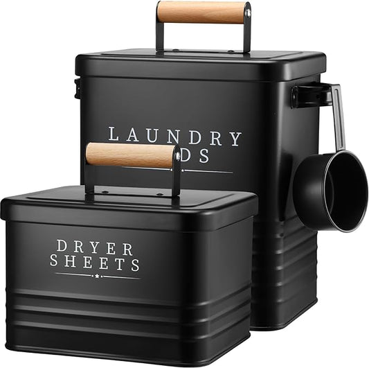 2 Pcs Laundry Pod Container with Dryer Sheet Holder Farmhouse Laundry Room Decor Organization and Storage Detergent Container Box with Lid Handle Metal Dryer Sheet Dispenser(Black)
