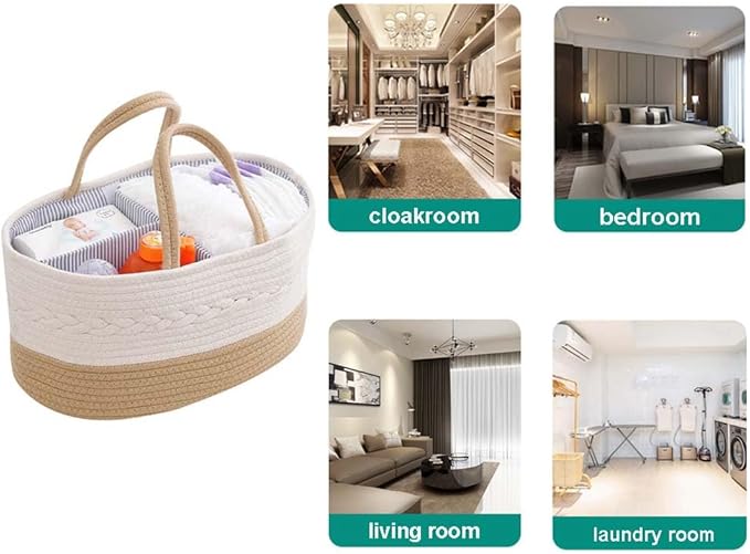 Diaper Caddy Organizer, Large Cotton Rope Nursery Basket, Changing Table Baby Diaper Storage Portable Car Organizer with Removable Divider