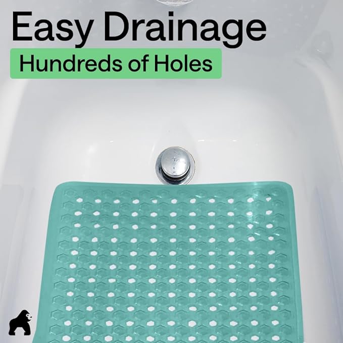 GORILLA GRIP Patented Bath Tub Shower Mat, Machine Washable Bathtub Floor Liner Mats, Suction Cups and Drain Holes to Keep Tubs Clean, Soft on Feet, Bathroom Essentials, 35x16 Inch, Turquoise Opaque