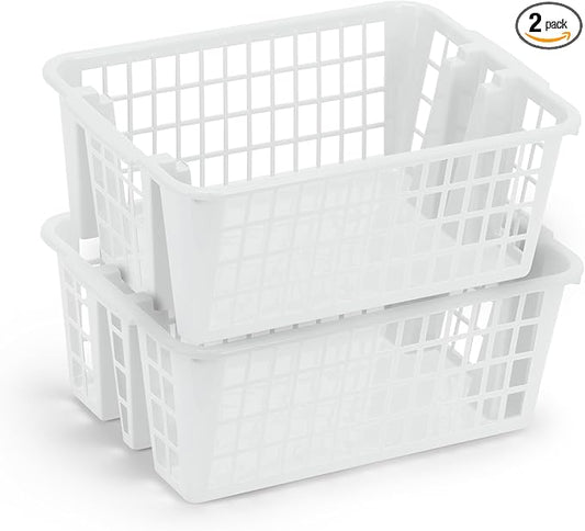 DecorRack Plastic Storage Basket, 13L Bathroom Storage Organizer Bin for Laundry Closet, Pantry or Office with Built In Handles, White (2 Pack)