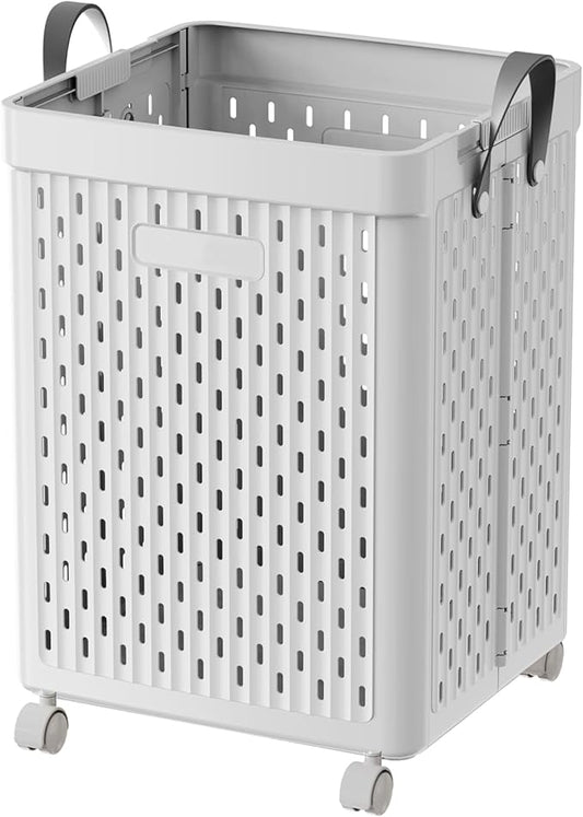 UAK Plastic Laundry Basket with Wheels & Handle, 67L Heavy Duty Foldable Laundry Hamper – Easy Clean Waterproof Rolling Organizer for Bathroom & Laundry Room, Grey