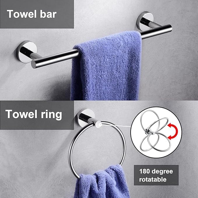 12 Pieces Polished Chrome Bathroom Hardware Accessories Set Hand Towel Ring 16&23.6 inch Round Towel Bar Toilet Paper Holder Towel Hooks 4 Pieces SUS 304 Stainless Steel,Heavy Duty,Wall Mounted