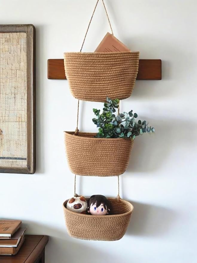 Over The Door Hanging Basket, 3 Tier Cotton Rope Woven Wall Basket, Magazine Racks Hanging Organizer, Decorative Hanging Storage Baskets for Organizing Living Room, Bathroom and Bedroom (Brown)