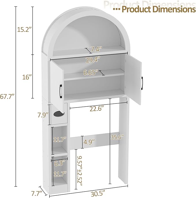 Over The Toilet Storage Cabinet, Bathroom Organizer Over Toilet, Arched Storage Organizer Cabinet with Anti-Tip Device and Adjustable Shelf for Washroom Laundry and Restroom, White