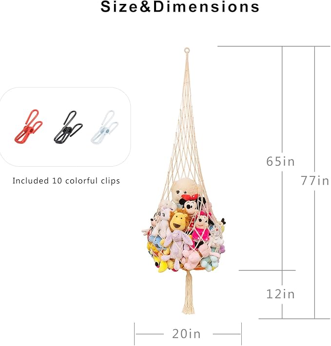 Novel Stuffed Animal Net or Hammock Macrame Toy Display- 6.5ft H,One Hook! Perfect for The Tiny Space in Corner,Wall Ceiling Hanging Net, Stuffies Animal Storage for Kid Room Bedroom Playroom Decor