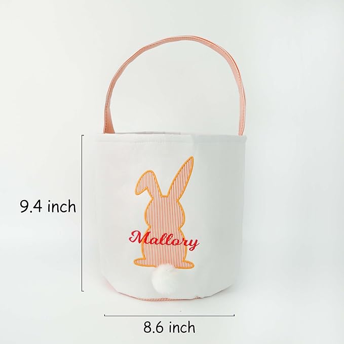 MT WORLD Easter Bunny Basket Personalized Easter Egg Bucket for Kids with Name Canvas Rabbit Toy Baskets for Toddler Boys Girls Easter Egg Hunts Decorations Candy Gifts Storage Basket (Orange Stripe)