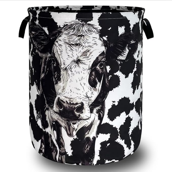 Personalize Black White Cow Laundry Basket Oxford Cloth Foldable Animal Laundry Hamper With Handle Portable Clothes Storage Organizer Basket 18.9x16.5Inch Laundry Bag For Laundry Room/Bedroom/Bathroom