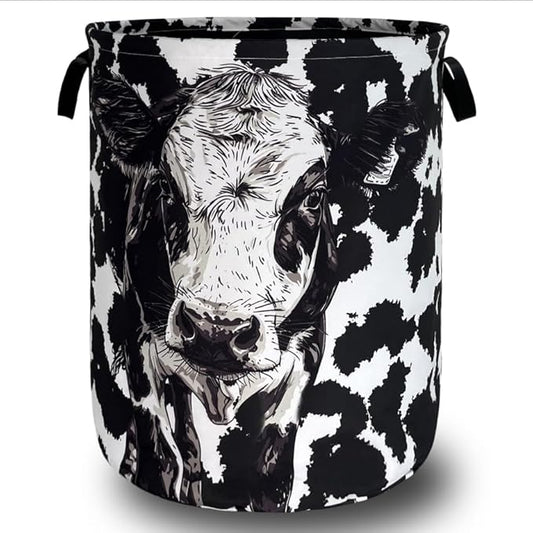 Personalize Black White Cow Laundry Basket Oxford Cloth Foldable Animal Laundry Hamper With Handle Portable Clothes Storage Organizer Basket 18.9x16.5Inch Laundry Bag For Laundry Room/Bedroom/Bathroom