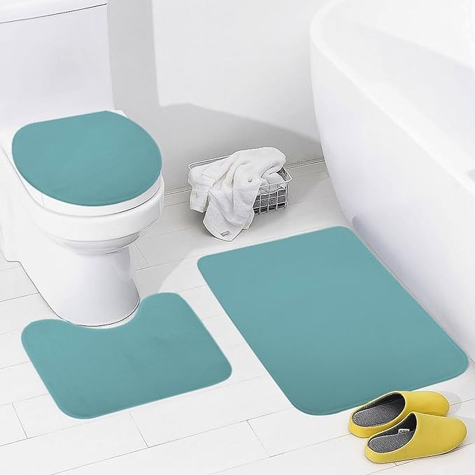 3 Pieces Bath Rug Sets, Retro Blue Trend Color Bathroom Mat Set Non Slip U Shaped Contour Rug & Toilet Lid Cover