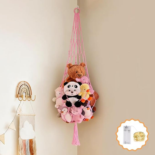 Stuffed Animal Hammock Corner Net with LED Light Plushies Storage Hammock for Stuffed Animals Boho Room Decor Macrame Wall Decor