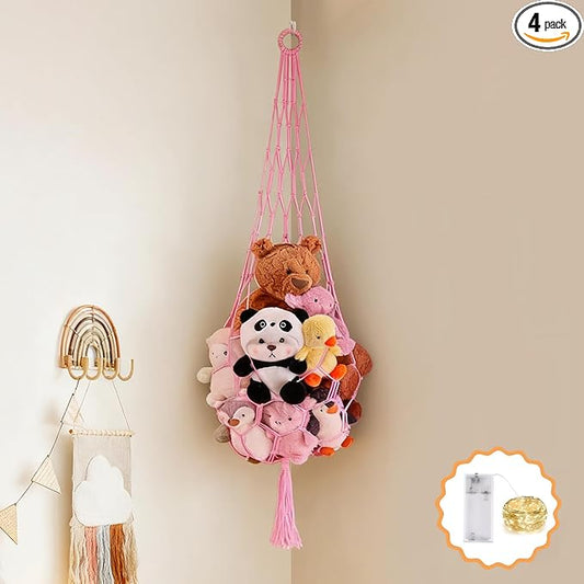 Stuffed Animal Hammock Corner Net with LED Light Plushies Storage Hammock for Stuffed Animals Boho Room Decor Macrame Wall Decor