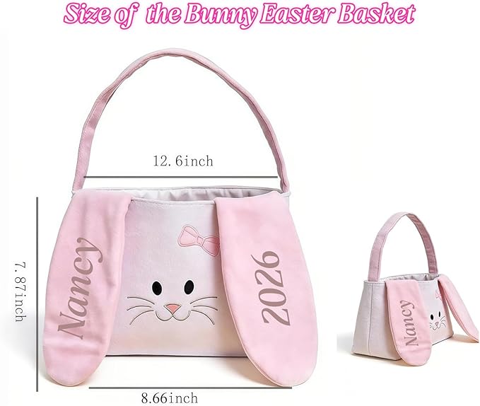 Hwingo Personalized Bunny Treat Basket with Embroidered Name, Custom Easter Baskets Egg Fillers, Personalized Easter Bags Candy Festival Gifts Storage (Pink)