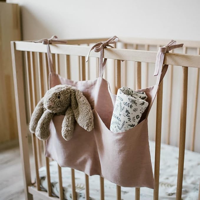 Linen Baby Bedside Hanging Storage Bag,2 Pockets Organizer for Baby Cribs and Toys (Light Pink)