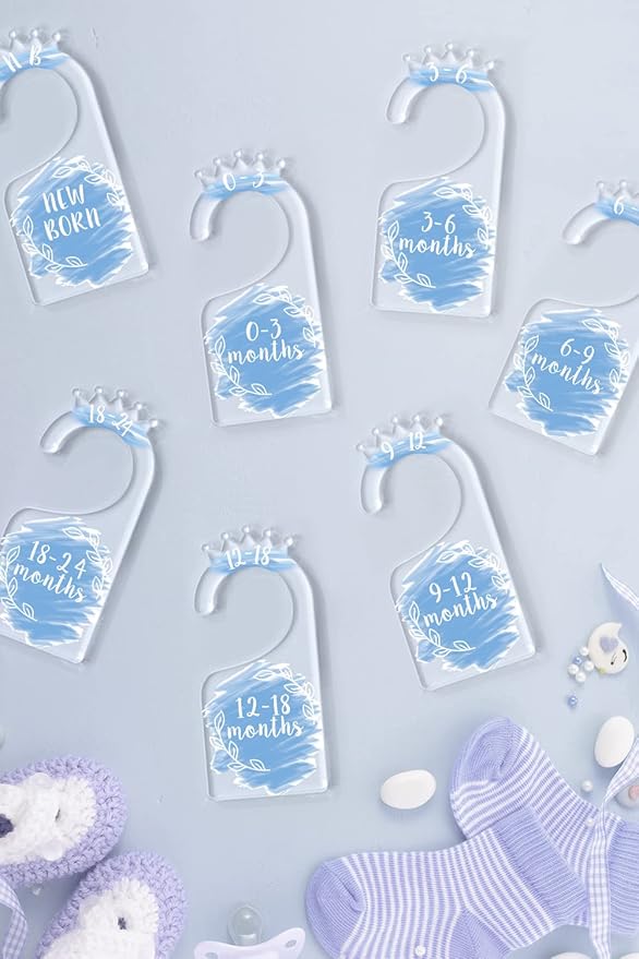 OneDream Baby Closet dividers Hanger separators - Set of 7 Baby Clothes dividers for Closet from Newborn to 24 Months, Acrylic Infant Clothes Divider (Blue)