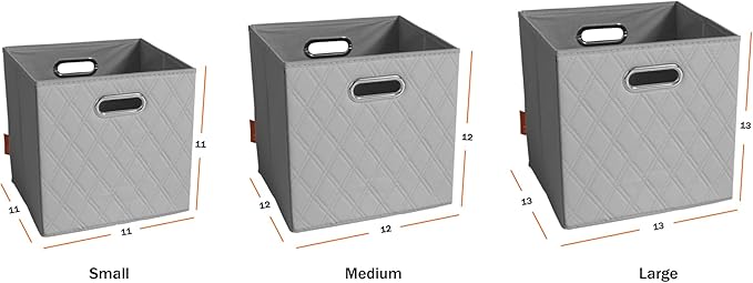 FH Group JIAessentials 13" Faux Leather Foldable Storage Cube Bins Set of 2 – Gray Diamond Patterned Organizers with Handles for Closet & Shelves