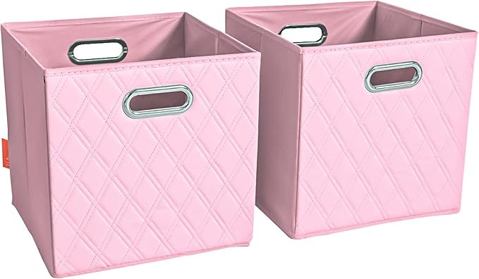 FH Group JIAessentials 12" Faux Leather Foldable Storage Cube Bins Set of 2 – Pink Diamond Patterned Organizers with Handles for Closet & Shelves