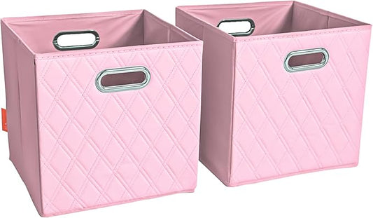 FH Group JIAessentials 12" Faux Leather Foldable Storage Cube Bins Set of 2 – Pink Diamond Patterned Organizers with Handles for Closet & Shelves