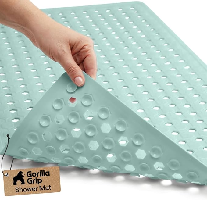 GORILLA GRIP Patented Bath Tub Shower Mat, Machine Washable Bathtub Floor Liner Mats, Suction Cups and Drain Holes to Keep Tubs Clean, Soft on Feet, Bathroom Essentials, 35x16 Inch, Mint Opaque