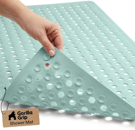 GORILLA GRIP Patented Bath Tub Shower Mat, Machine Washable Bathtub Floor Liner Mats, Suction Cups and Drain Holes to Keep Tubs Clean, Soft on Feet, Bathroom Essentials, 35x16 Inch, Mint Opaque