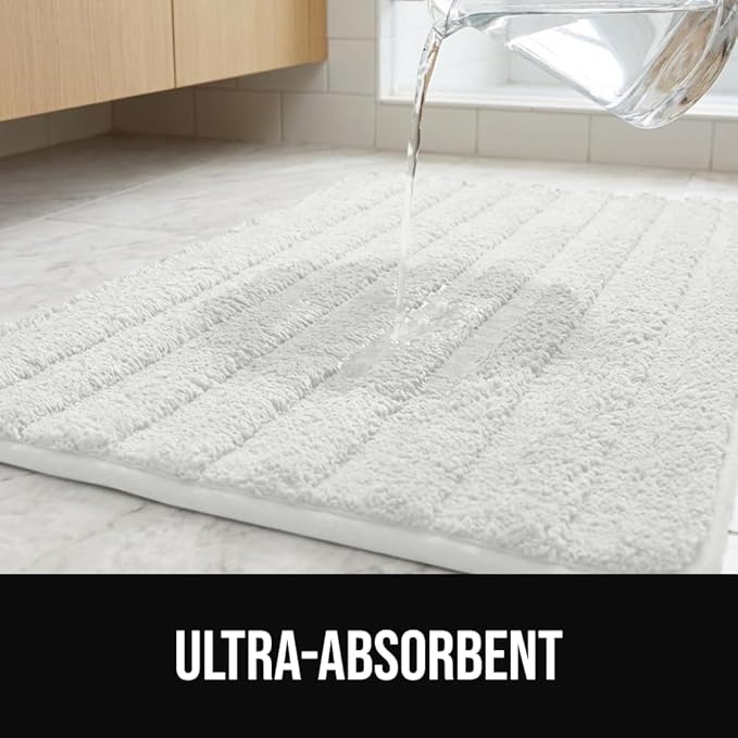 GORILLA GRIP Textured Backing Bathroom Rugs, Soft Memory Foam Absorbent Striped Bath Mats Set of 2, Machine Washable Fade Resistant, Floor Bathmat, Home Decor Shower Essentials, White 24x16 and 30x18