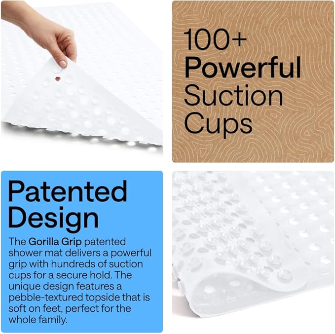 GORILLA GRIP Patented Square Shower Stall Mat, Small Bathtub Floor Mats for Stand Up Showers with Suction Cups and Drainage Holes, Machine Wash, Soft on Feet, Bathroom Accessories 21x21 Inch, White
