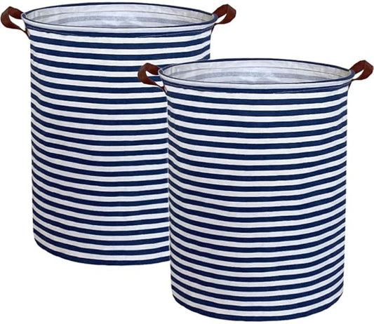 ESSME 2pack Kids Laundry Hamper,Boys laundry basket,Collapsible Bule storage basket with Waterproof PE Coating,Canvas Fabric Nursery Hamper for Kids Room Decor,Toy storage,Gift,Baby Clothing.(2pack Navy Blue stripes)