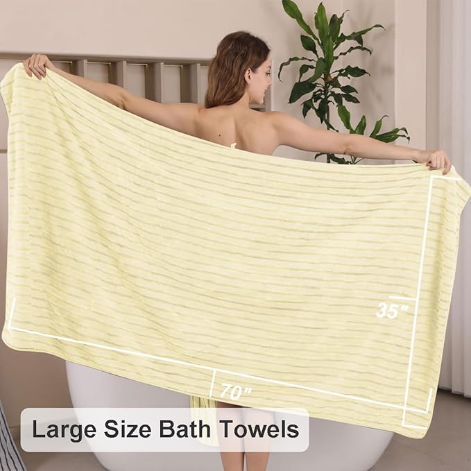 8 Pcs Light Yellow Cabana Stripe Bath Towel Set Oversize Bath Sheet-2 Bathroom Towels,2 Hand Towels,4 Washcloths Soft Jumbo Towels Absorbent Shower Towel Quick Dry Beach Chair Towel for Spa Gym Hotel