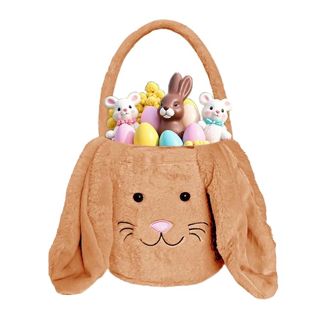Easter Bunny Basket for Kids, Fluffy Easter Egg Hunt Bag Soft Fabric, Cute Rabbit Tote Bags with Long Plush Ear Easter Tote Bags for Candy Gifts Storage (Brown)