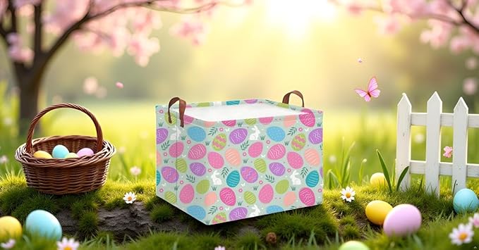 Rectangle Storage Basket,Gift Basket Empty with Handles,Cute Organizer, Room Decor(Coloful Easter)