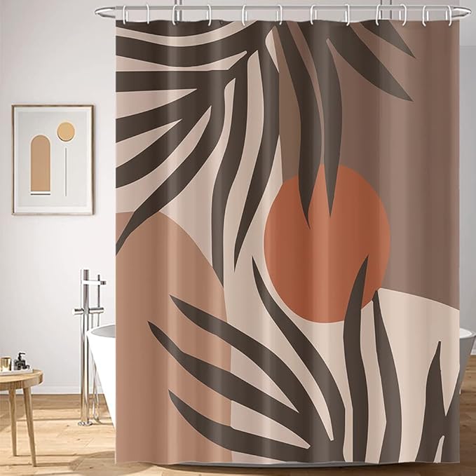 Abstract Mid Century Shower Curtain Boho Brown Leaves Chocolate Sun Shower Curtain for Modern Minimalist Aesthetic Bathroom Decor Waterproof Polyester with Hooks, 72x78 Inch