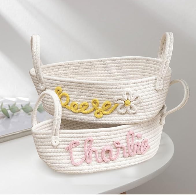 Personalized Woven Storage Basket With Name Baby Toy And Nursery Storage Basket， Personalized Baby Handmade Gift Baskets，Custom Baby Shower Basket Gift(32 * 15 * 11cm)