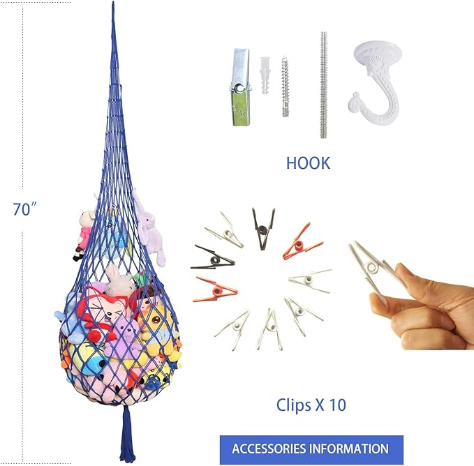 Novel Stuffed Animal Net or Hammock Macrame Plush Toy Display- 6.5ft H,One Hook! Perfect for The Tiny Space in Corner,Walls and Ceiling Hanging Net-Blue