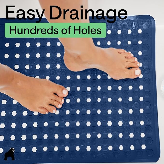 GORILLA GRIP Patented Square Shower Stall Mat, Small Bathtub Floor Mats for Stand Up Showers, Suction Cups and Drainage Holes, Machine Wash, Soft on Feet, Bathroom Accessories 21x21 Inch, Navy Blue