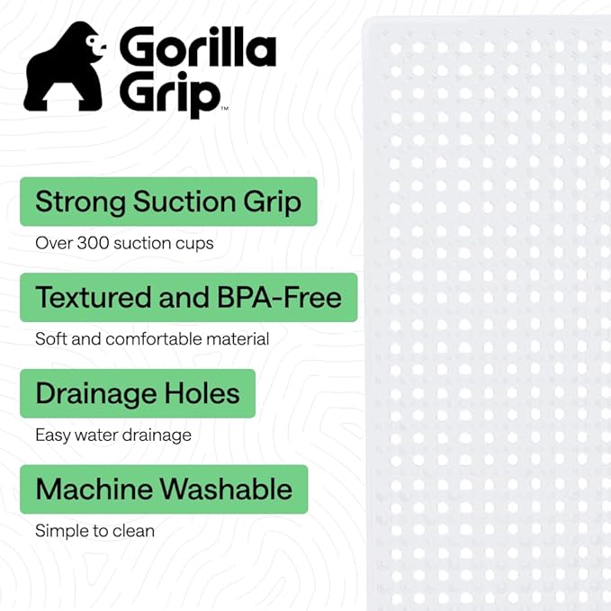 GORILLA GRIP Patented Bath Tub Shower Mat, Machine Washable Bathtub Floor Liner Mats, Suction Cups and Drain Holes to Keep Tubs Clean, Soft on Feet, Bathroom Essentials, 35x16 Inch, White