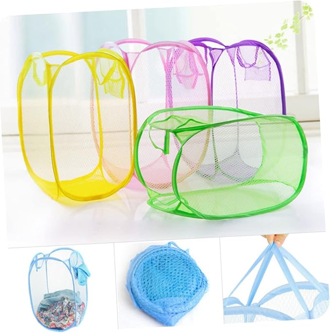 Pop-up Laundry Hamper Foldable Mesh Dirty Clothes Basket with Side Pocket for College and Spaces Pink