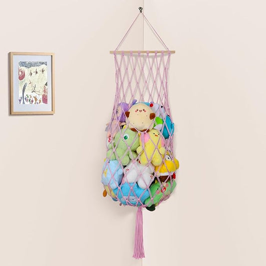 68 Inch Stuffed Animal Storage, Jumbo Macrame Stuffed Animal Hammock Corner, Wall Ceiling Hanging Stuffy Toy Hammock Plushie Net Display for Kids Boys Girls Nursery Decor (Pink)