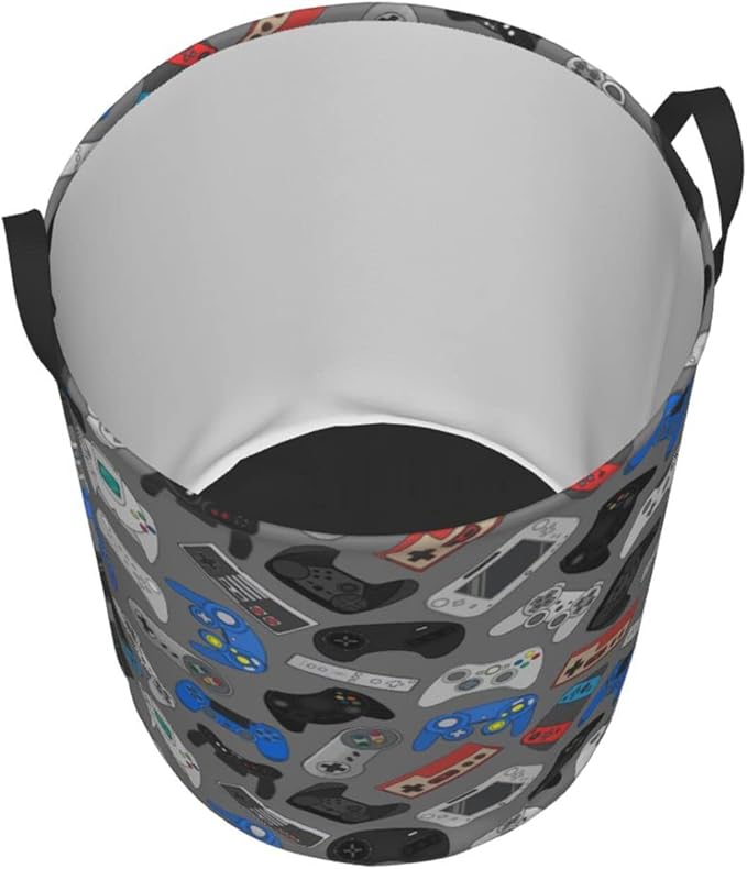 Video Game Controller Grey Background Round Laundry Hamper Gaming Theme Storage Basket Toys Clothes Organizer Bin For Home Bathroom Bedroom Dorm Nursery, 62l